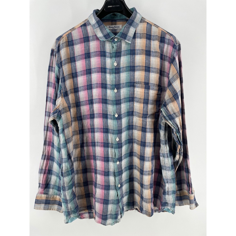 Tommy Bahama Linen Button Down Shirt Mens XXL Summer Coastal‎ Plaid Long Sleeve